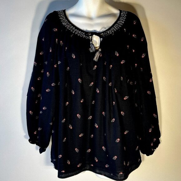 Old Navy SZ 3X Black cotton print Peasant Top Smocked Boho Cottage Core Prairie - Picture 3 of 9